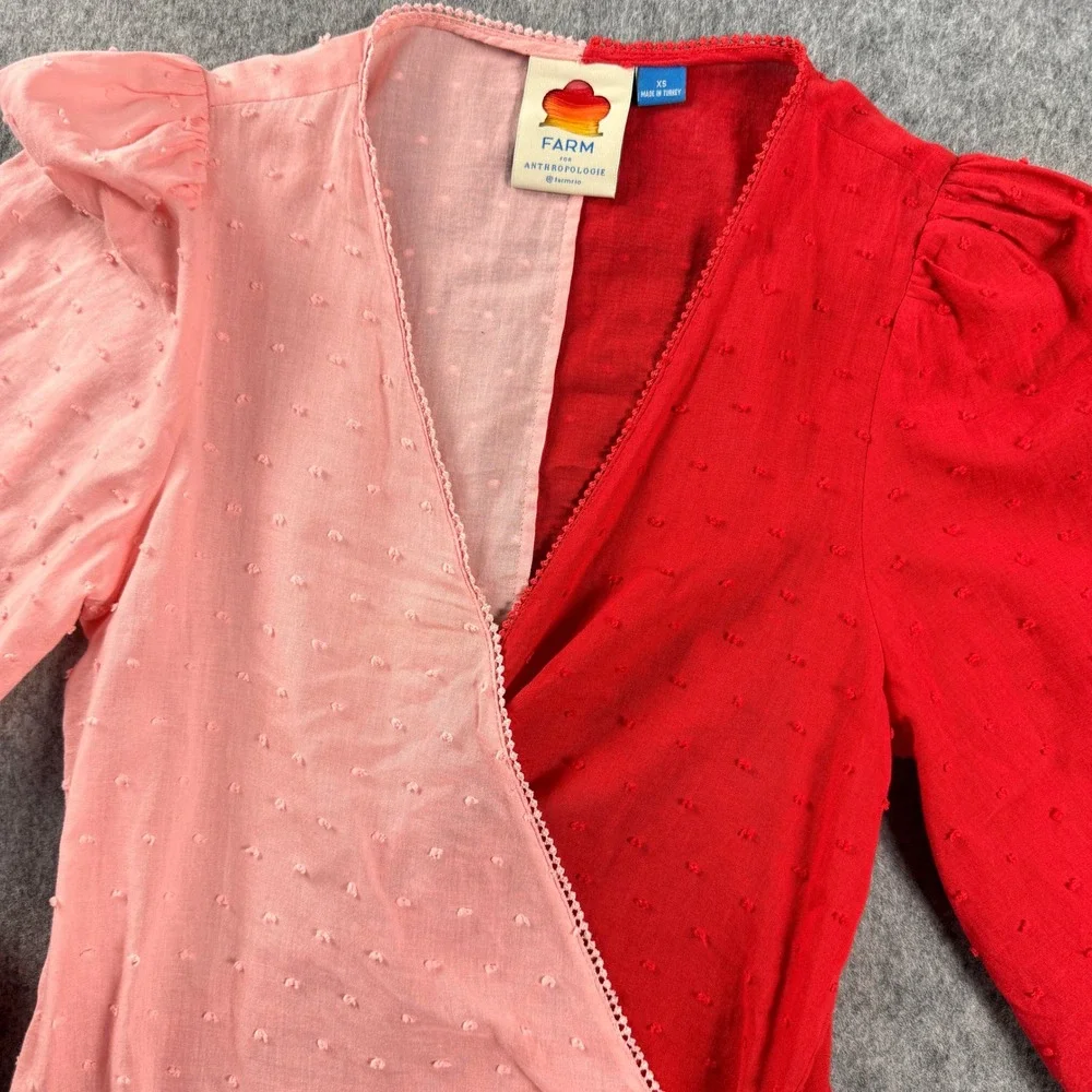 Farm Rio Anthropology Colorblock Wrap Blouse Top XS Swiss Dot Pink Red Festival